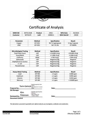 Mitolife - Zinc+ Copper (Chelated Sink og Kobber) 60 kapsler